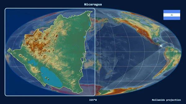 Увеличенный Вид Никарагуа Перспективными Линиями Против Глобальной Карты Проекции Моллвейда — стоковое фото
