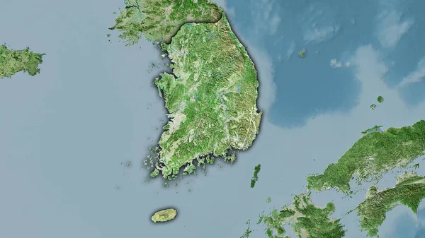 South Korea area on the satellite D map in the stereographic projection - raw composition of raster layers with dark glowing outline