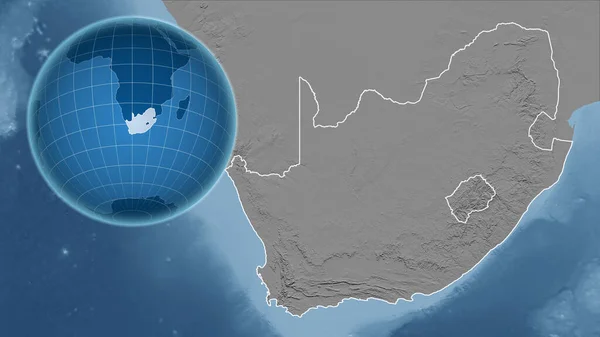 South Africa. Globe with the shape of the country against zoomed map with its outline. grayscale elevation map