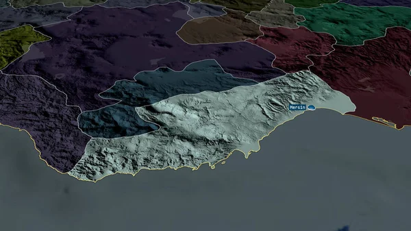 Mersin トルコの州が拡大し 首都で強調表示されました 行政区画の色と衝突した地図 3Dレンダリング — ストック写真