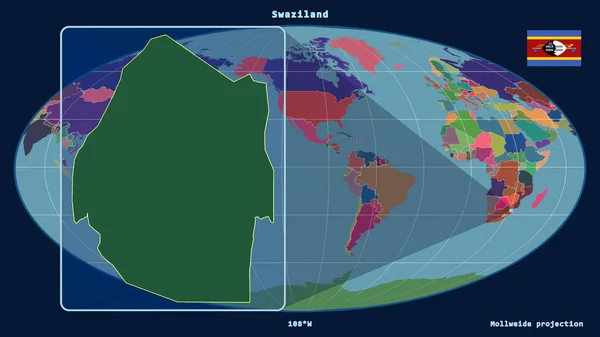 Vergrößerte Ansicht Von Swasiland Mit Perspektivischen Linien Gegen Eine Weltkarte — Stockfoto