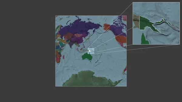 从世界大比例尺地图中提取出的巴布亚的扩大和扩大区域 其引线连接了框架的各个角落 行政区划的彩色地图 — 图库照片