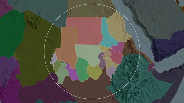 Sudan zoomed and circled. Colored and bumped map of the administrative division. 3D rendering