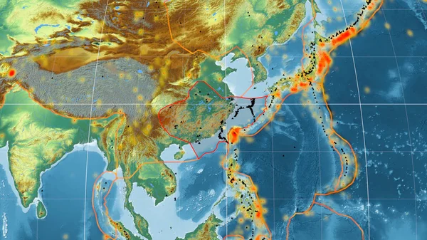 Yangtze Tektonický Štítek Nastíněný Globální Topografické Reliéfní Mapě Mollweidově Projekci — Stock fotografie