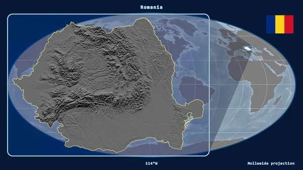 Vista Ampliada Roménia Delinear Com Linhas Perspectiva Contra Mapa Global — Fotografia de Stock