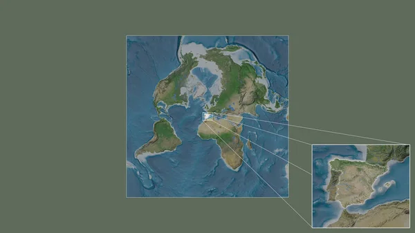 从世界大比例尺地图中提取出的扩大和扩大的西班牙区域 其主要线连接了框架的各个角落 卫星图像 — 图库照片