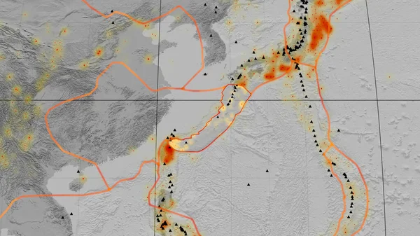 軟体動物の全球的なグレースケールの標高マップについて概説した沖縄地震プレート 3Dレンダリング — ストック写真