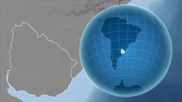 ウルグアイ アウトラインを持つ拡大地図に対して国の形を持つグローブ グレースケール標高図 — ストック写真