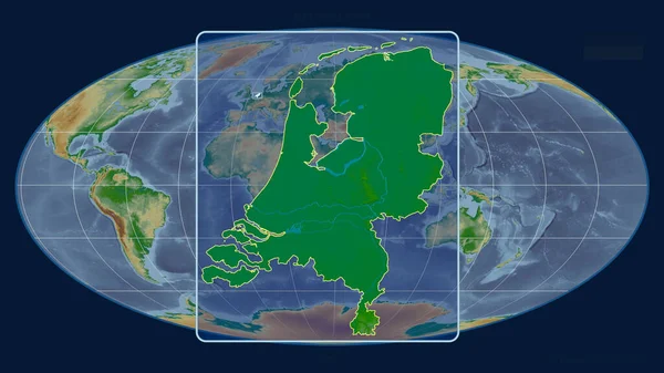 Vergrößerte Ansicht Der Niederlande Mit Perspektivischen Linien Gegen Eine Weltkarte — Stockfoto