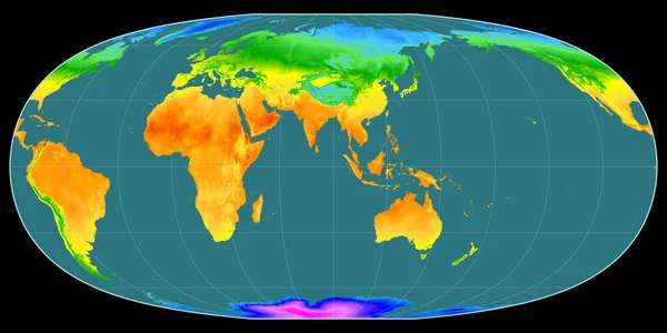 Mcbryde Thomas投影中的世界地图以东经90度为中心 平均年温度图 具有满意性能的栅格原料复合材料 3D插图 — 图库照片