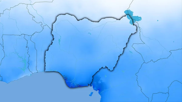 立体投影中的年降水量图上的尼日利亚地区 具有暗发光轮廓的栅格层的原始成分 — 图库照片
