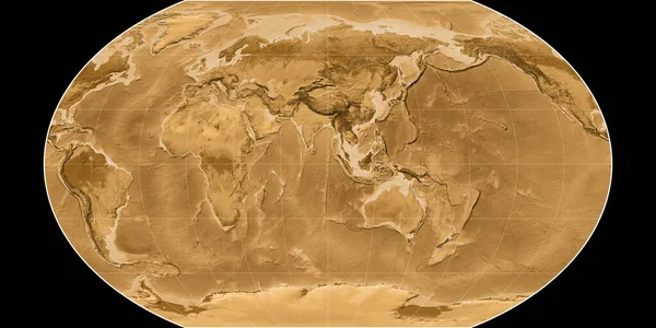 Kavraisky七世投影中的世界地图以东经90度为中心 塞皮亚着色的高程图 光栅与满意的原始复合材料 3D插图 — 图库照片