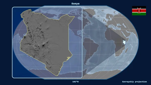 以透视线与Kavrayskiy投影中的全球地图对齐的肯尼亚缩放视图 在左边的形状 灰度高程图 — 图库照片