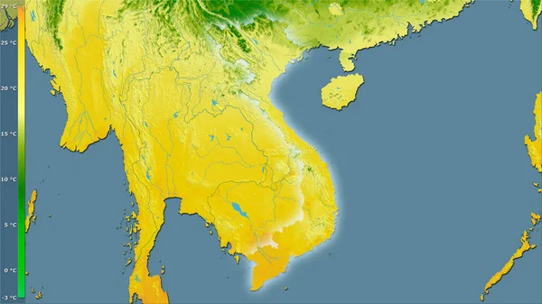 凡例と立体投影のベトナムエリア内で最も暖かい四半期の平均温度 光輝くアウトラインとラスター層の生の組成 — ストック写真