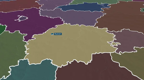 Ryazan' - region of Russia zoomed and highlighted with capital. Colored and bumped map of the administrative division. 3D rendering