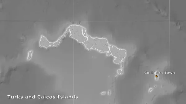 Área Das Ilhas Turcas Caicos Mapa Elevação Escala Cinza Projeção — Fotografia de Stock