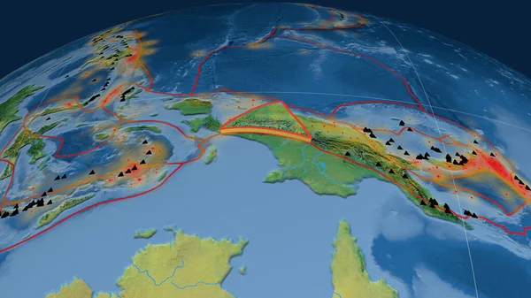 Maoke tectonic plate extruded on the globe. topographic map. 3D rendering