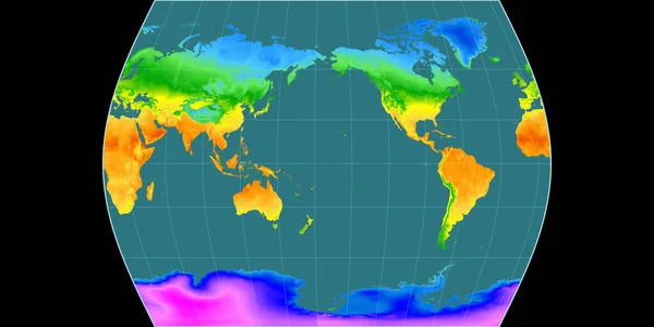 World map in the Times Atlas projection centered on 170 West longitude. Mean annual temperature map - raw composite of raster with graticule. 3D illustration