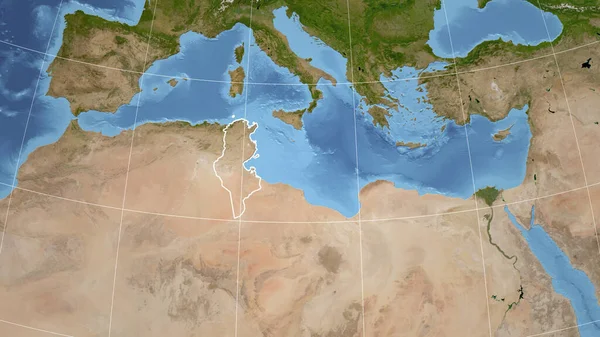 Tunézia Szomszédság Távoli Perspektíva Ország Körvonalaival Műholdas Képek — Stock Fotó