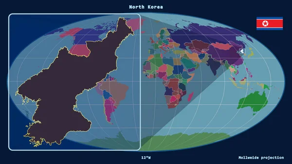 Kuzey Kore Yakından Bakınca Mollweide Projeksiyonundaki Küresel Haritaya Karşı Perspektif — Stok fotoğraf