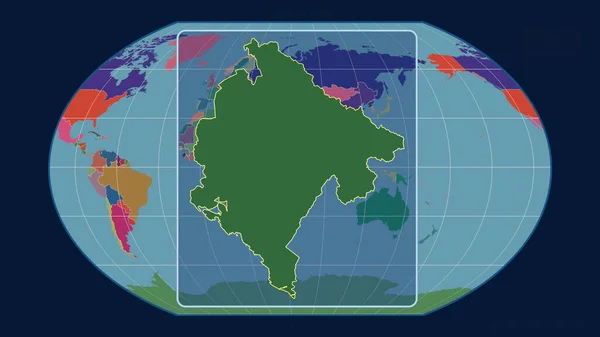 モンテネグロのアウトラインを視野線で拡大し 世界地図に対するカヴァライスキー予測を行った 形を中心に 行政区画のカラーマップ — ストック写真