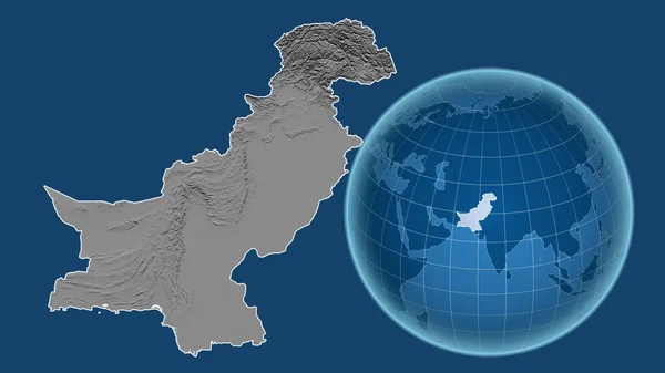 Pákistán Globe Tvarem Země Proti Zvětšené Mapě Obrysem Izolovaným Modrém — Stock fotografie