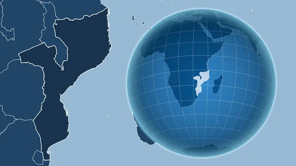 Мозамбік Глобус Формі Країни Проти Масштабованої Карти Контуром Тільки Суша — стокове фото