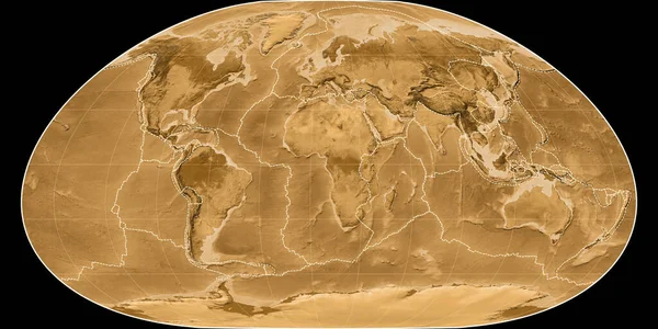 Loximuthal Projeksiyonundaki Dünya Haritası Doğu Boylamı Üzerine Kuruludur Sepia Boyalı — Stok fotoğraf