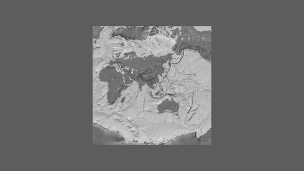 Square frame of the large-scale map of the world in an oblique Van der Grinten projection centered on the territory of Laos. Bilevel elevation map