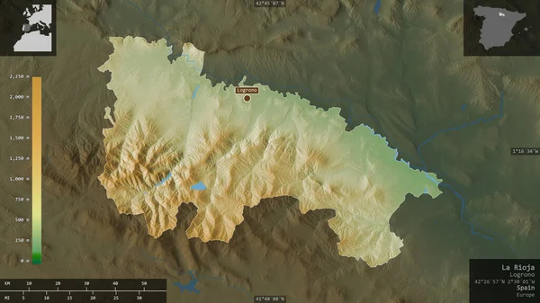 La Rioja, autonomous community of Spain. Colored shader data with lakes and rivers. Shape presented against its country area with informative overlays. 3D rendering