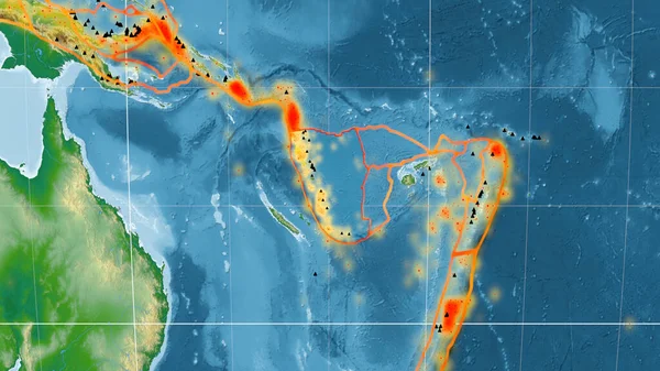 새로운 헤브리디스 New Hebrides Tectonic Plate 카브라 투영의 세계적 지도에 — 스톡 사진