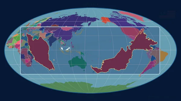在Mollweide投影中 用透视线与全球地图对齐 放大了马来西亚的轮廓 形体中心 行政区划的彩色地图 — 图库照片