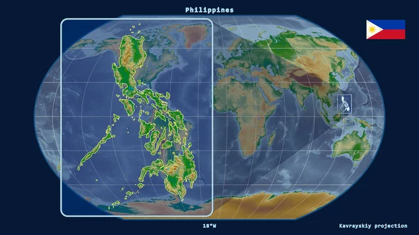 Zoomed-in view of Philippines outline with perspective lines against a global map in the Kavrayskiy projection. Shape on the left side. color physical map