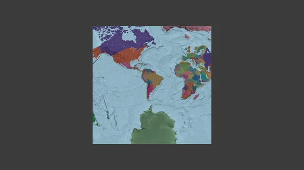Square frame of the large-scale map of the world in an oblique Van der Grinten projection centered on the territory of Paraguay. Color map of the administrative division