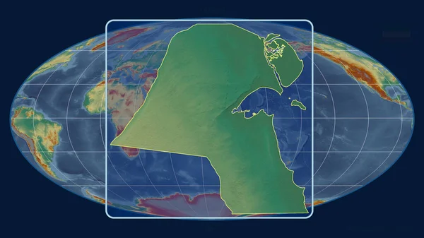 Zoomed View Kuwait Outline Perspective Lines Global Map Mollweide Projection — Stock Photo, Image