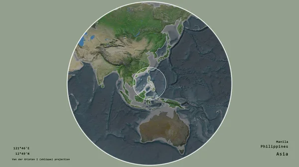 Area of Philippines marked with a circle on the large-scale map of the continent isolated against desaturated background. Capital georeferences and names given. Satellite imagery