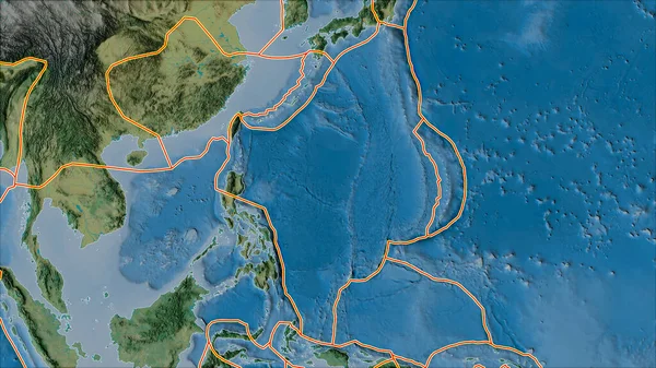 フィリピン海プレートエリアに隣接する地域の地形図上の構造プレートの境界 ヴァン グリンテンI予測 斜めの変換 — ストック写真