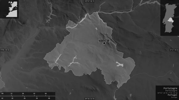 Порталегре Район Португалії Граймасштабна Карта Озерами Річками Форма Представлена Проти — стокове фото