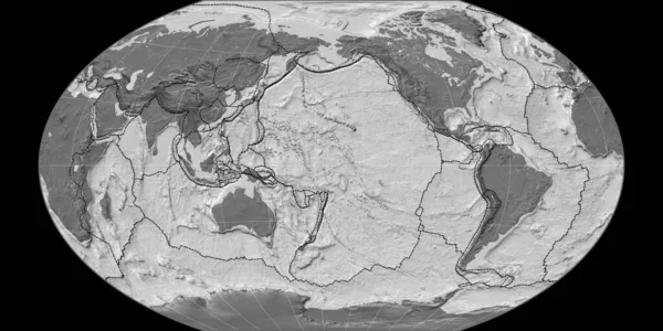 World map in the Winkel Tripel projection centered on 170 West longitude. Bilevel topographic map - composite of raster with graticule and tectonic plates borders. 3D illustration