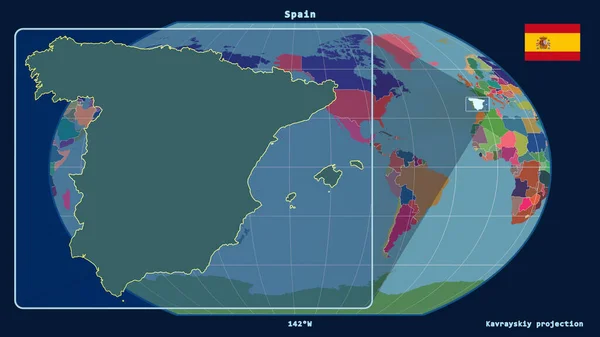 Zoomed-in view of Spain outline with perspective lines against a global map in the Kavrayskiy projection. Shape on the left side. color map of administrative divisions