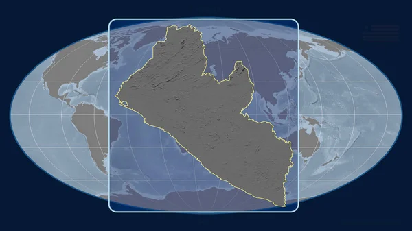 Увеличенный Вид Либерии Перспективными Линиями Против Глобальной Карты Проекции Моллвейда — стоковое фото