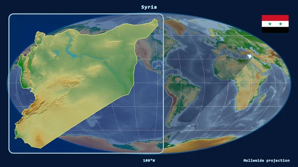 Увеличенный Вид Сирию Перспективными Линиями Против Глобальной Карты Проекции Моллвейда — стоковое фото