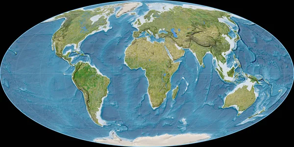 Mapa Świata Projekcji Mollweide Skupiona Wschodniej Długości Geograficznej Zdjęcia Satelitarne — Zdjęcie stockowe