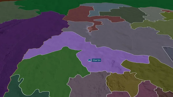 Kwara ナイジェリアの状態が拡大し 首都で強調表示されます 行政区画の色と衝突した地図 3Dレンダリング — ストック写真