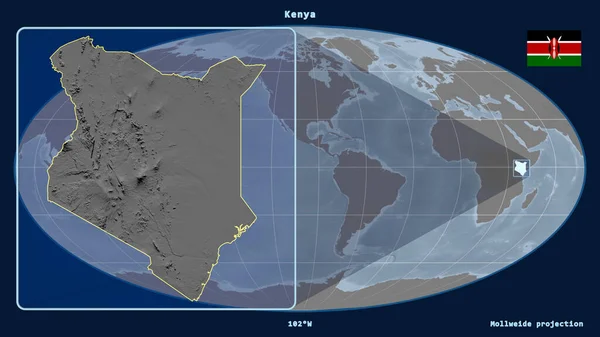将肯尼亚的轮廓放大 用透视线与Mollweide投影中的全球地图相对照 在左边的形状 灰度高程图 — 图库照片