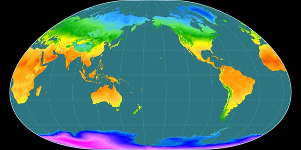 西经170度附近投影的世界地图 平均年温度图 具有满意性能的栅格原料复合材料 3D插图 — 图库照片