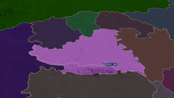 Juzno-Backi- district of Serbia zoomed and highlighted with capital. Colored and bumped map of the administrative division. 3D rendering