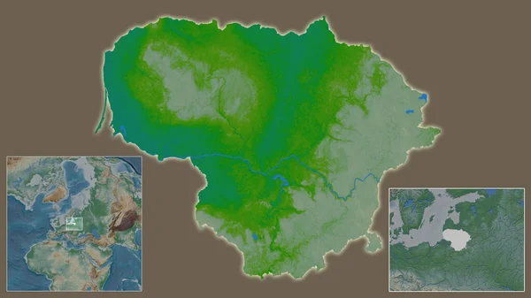 立陶宛的近景及其在该区域的位置 以及在一个大比例尺世界地图中心的位置 彩色物理图 — 图库照片