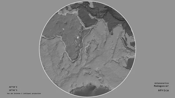 Madagaszkár Területe Kontinensét Körülvevő Körben Kiszáradt Háttérben Összpontosult Fővárosi Georeferenciák — Stock Fotó
