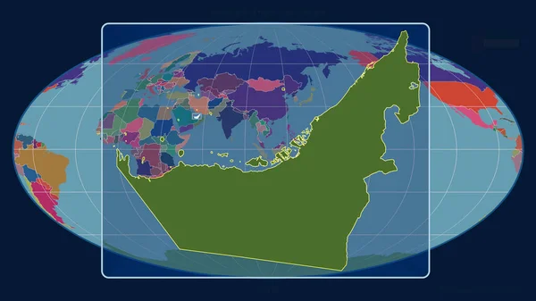 放大了阿拉伯联合酋长国的轮廓 用透视线与摩尔维德投影中的全球地图对齐 形体中心 行政区划的彩色地图 — 图库照片